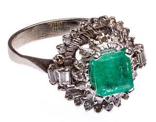 14k White Gold, Emerald and Diamond Ring
