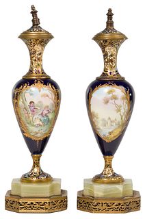 French Hand Painted Porcelain Vase Lamp Bases