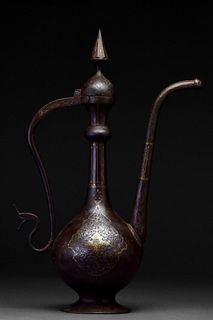 LATE SAFAVID EARLY QAJAR BRONZE EWER WITH ORNAMENTATION IN SILVER AND GOLD GILDING