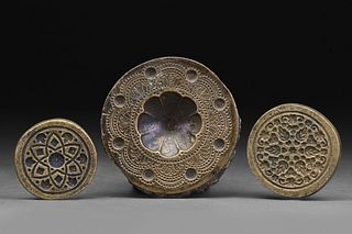 ISLAMIC GROUP OF THREE BRASS WEIGHTS/MOULDS