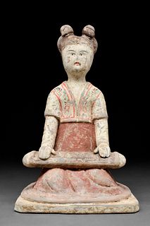 CHINESE TANG DYNASTY TERRACOTTA FEMALE SEATED MUSICIAN - TL TESTED