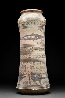 INDUS VALLEY TERRACOTTA TALL VESSEL WITH ANIMALS - TL TESTED