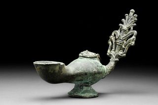 ROMAN BRONZE OIL LAMP WITH FACE OF SILENUS