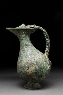 ROMAN BRONZE OLPE VESSEL WITH DECORATED HANDLE
