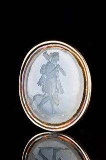 GREEK HELLENISTIC CHALCEDONY INTAGLIO OF HERACLES IN A LATER GOLD FRAME