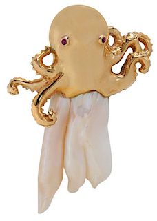 Gold, Ruby and Pearl Octopus Pendant