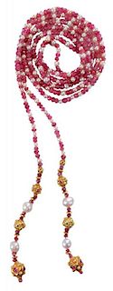 Ruby and Pearl Beaded Lariat Necklace