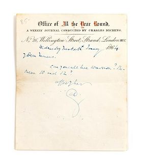 DICKENS, CHARLES. Autographed note inscribed and signed ("CD"), one page, January 20, 1864.