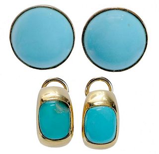 Two Pair Turquoise and Gold Earrings