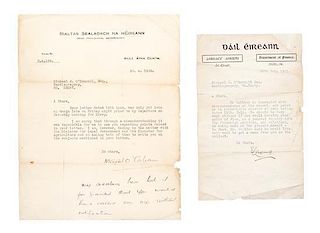 COLLINS, MICHAEL. TLS, one page, 1922. Signed letter by major revolutionary figure Collins. With letter from his secretary.