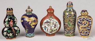 Five Chinese cloisonne snuff bottles.