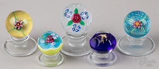 Five miniature Charles Kaziun glass paperweights