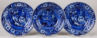 Three blue Staffordshire shallow bowls
