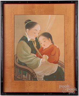 Oriental watercolor of woman and child