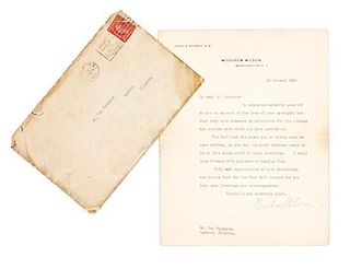 * WILSON, WOODROW. Typed letter signed ("Woodrow Wilson"), one page, Washington, DC, January 3, 1922. w/orig. envelope.