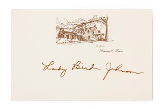 JOHNSON, LADY BIRD. Autographed note signed, on Stonewall, Texas, Ranch notecard letterhead, n.d. Size of card 3 5/8 x 5 3/4 inc