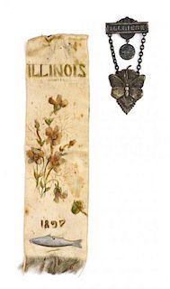 (COLUMBIAN EXPOSITION) Columbian Exposition silk ribbon commemorating the Dept. of Illinois, 1897. With "Illinese" pin.