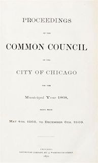 (PRE-FIRE IMPRINT) Chicago Sewerage Report, 1858; Report of the Board of Education, 1862; Proceedings of the Common Council, 186