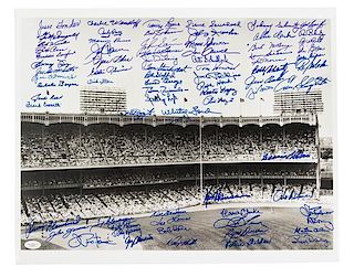 (BASEBALL. NEW YORK YANKEES) Black and white photograph signed by over 75 New York Yankees, 1920s-1960s.