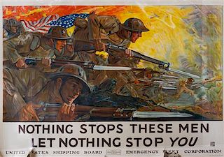 (WWI POSTERS, US) GILES, HOWARD. Nothing Stops These Men, Let Nothing Stop YOU. WWI lithographic poster, 1918.
