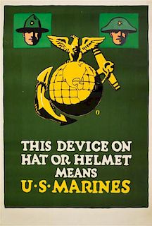 (WWI POSTERS. US MARINES) FALL, CHARLES B. Two WWI posters: Teufel Hunden, 1918; and This Device...means US Marines, ca. 1918.