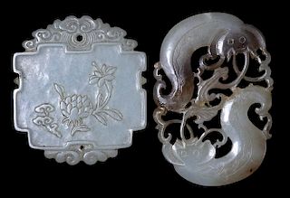 Two Carved Celadon Jade Plaques