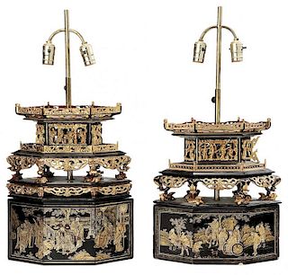 Pair Carved, Black Lacquered and Gilt