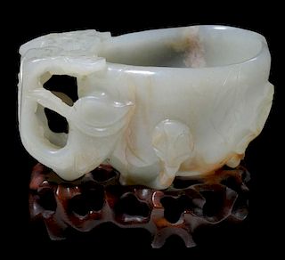 Carved Celadon and Russet Jade Cup