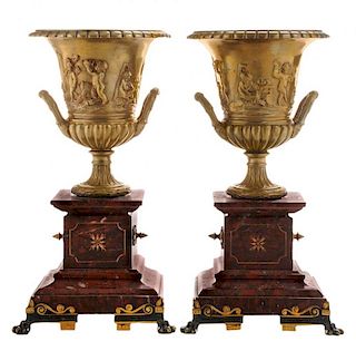 Pair Gilt Bronze and Red Marble Urns