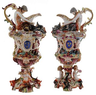 Pair of Capodimonte Porcelain Ewers