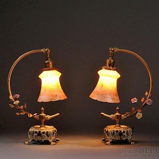Pair of Quezal Shades and Table Lamps
