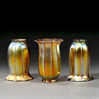 Three Gold Iridescent Shades Attributed to Steuben