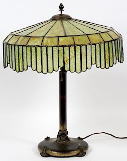 LEADED SLAG, TEXTURED GLASS & BRASS LAMP C. 1920