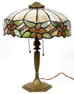 AMERICAN SLAG GLASS & PATINATED METAL LAMP C. 1920