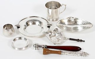 STERLING NUT DISHES, CHILD'S CUP, ASH TRAY ETC.