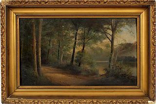 OIL ON BOARD WOODS BY LAKE