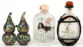 CHINESE CRYSTAL AND ENAMELED BRASS SNUFF BOTTLES