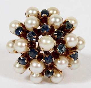 18KT YELLOW GOLD BLUE SAPPHIRE & PEARL CLUSTER RING