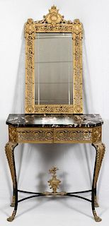 WROUGHT IRON BRASS MARBLE TOP CONSOLE & MIRROR