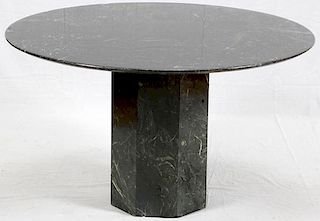 BLACK AND GREY MARBLE TABLE W/ PEDESTAL BASE