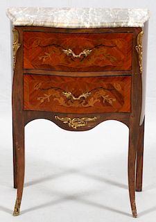 MARQUETRY INLAID MARBLE TOP COMMODE