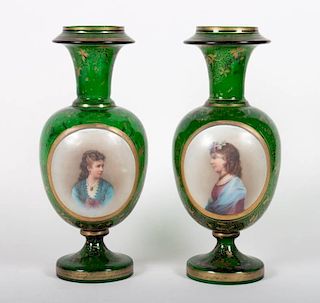 Pair of Bohemian emerald glass portrait vases