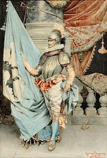 Giuseppe Signorini (Italian, 1857-1932)      Gentleman in Partial Suit of Armor with Heraldic Flag