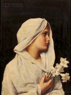 Alfred Seifert (Czech, 1850-1901)      Profile of a Young Woman, Draped in White, Holding a Lily