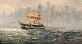 Gordon Grant (American, 1875-1962)      Demasted Ship in New York Harbor