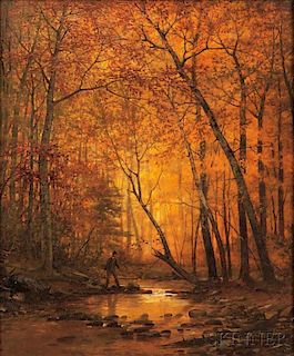 John Adams Parker (American, 1837-1900)    Wayfarer by a Stream, Autumn