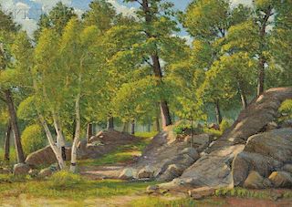 Cyrus Edwin Dallin (American, 1861-1944)      Rocks and Birch Trees in Sunlight