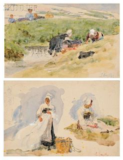 Lionel Percy Smythe (British, 1839-1918)      Two Studies of Washerwomen in Landscapes