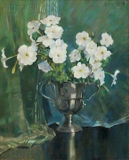 Laura Coombs Hills (American, 1850-1952)      White Petunias in a Footed Silver Cup