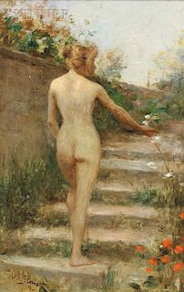 Julius LeBlanc Stewart (American, 1855-1919)      Nude on Garden Stair